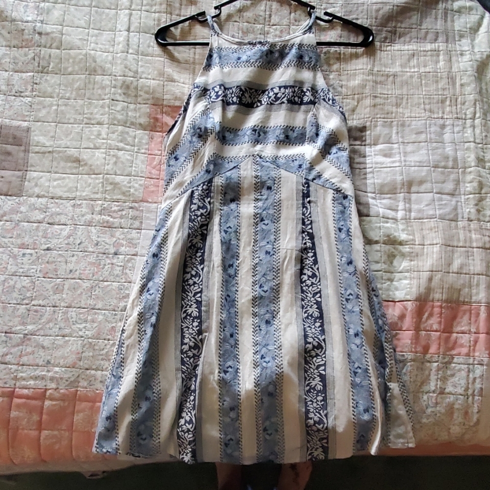 blue and cream halter open back dress